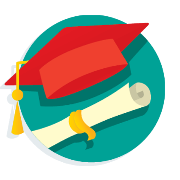 ícone de um capelo (chapéu de formatura) da cor vermlha sobre um diploma enrolado envolto de um laço amarelo