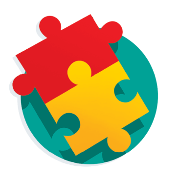 ícone circular com duas peças de quebra-cabeças unidas (uma da cor vermelha e outra amarela).